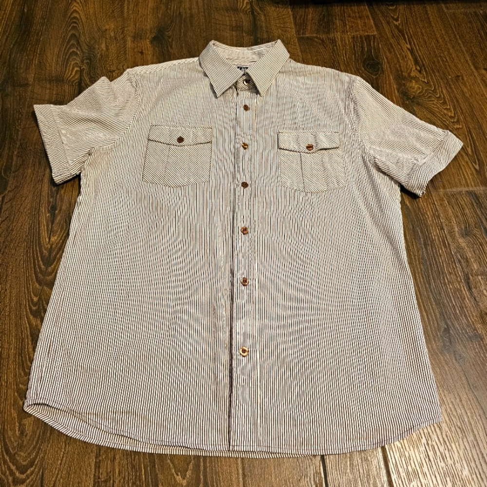 CAVI Men’s Brown White Striped Short Sleeve Button Down Shirt Size XL